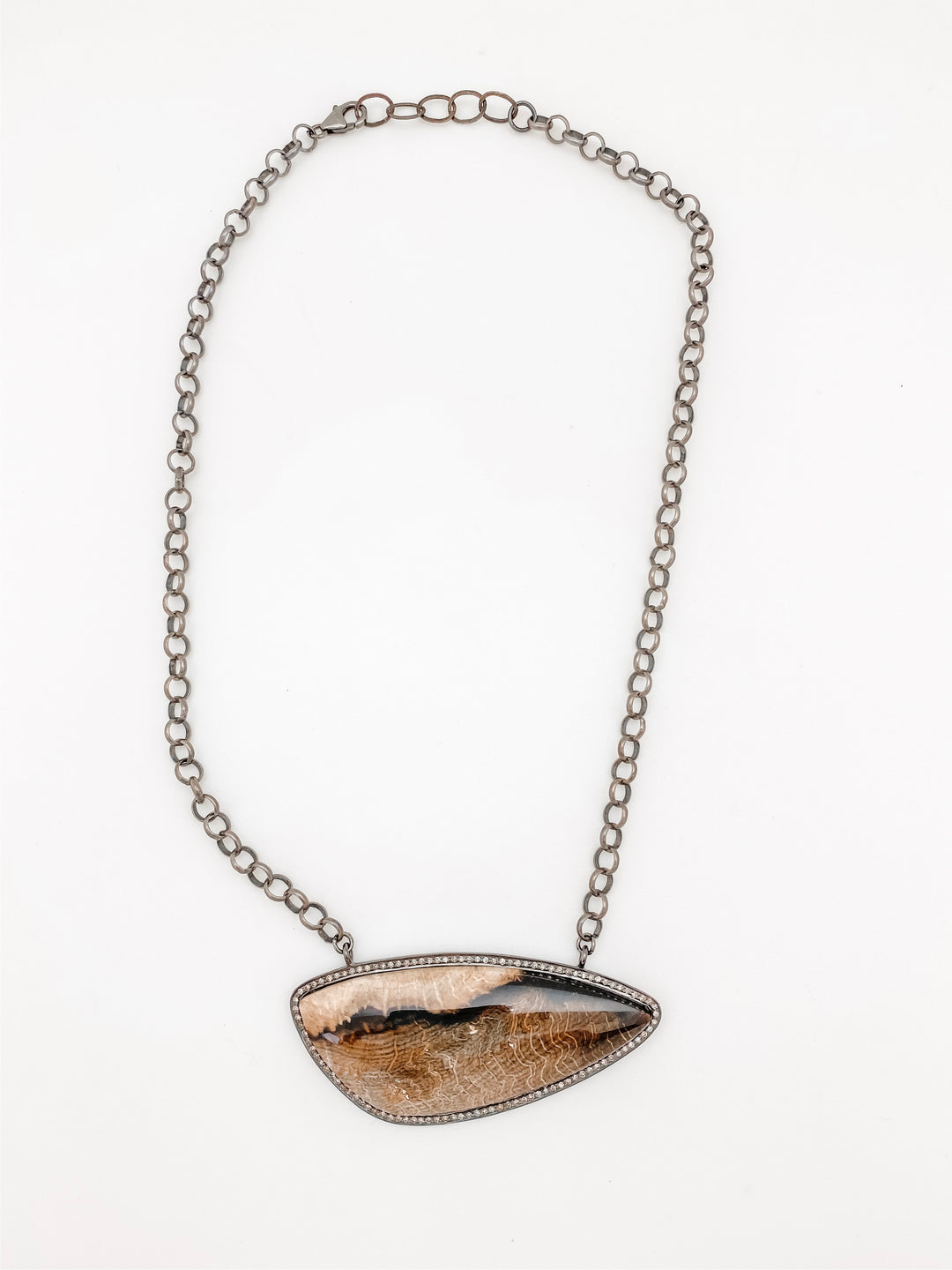 Petrified Wood Stone Pendant with Pave Diamonds on sterling silver chain