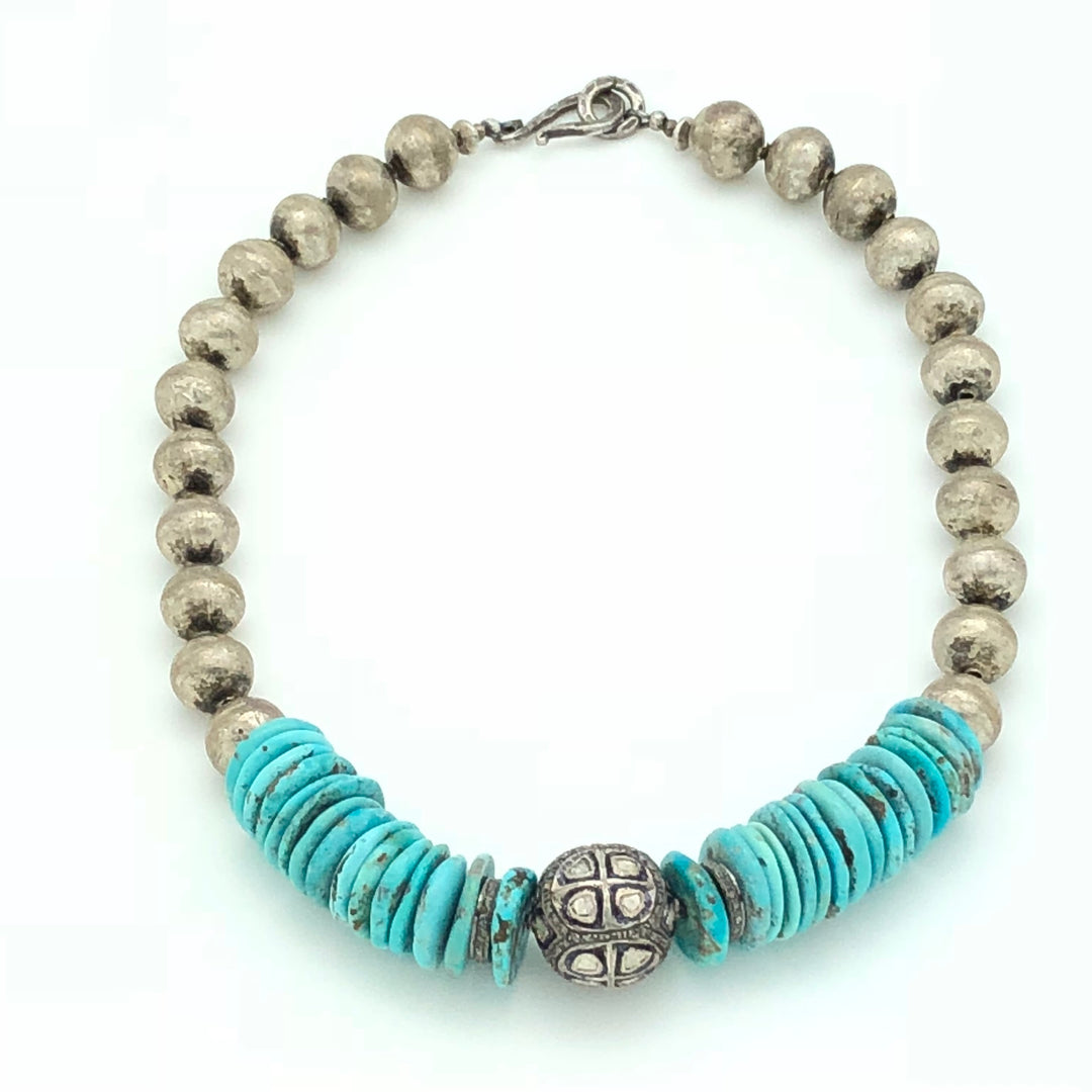 Turquoise and Silver Rose Cut Diamond Necklace